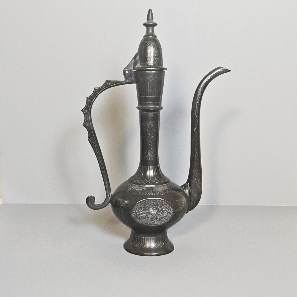 Vintage Hand Engraved Black Brass Aftaba Pitcher Indian Ewer Boho Decor